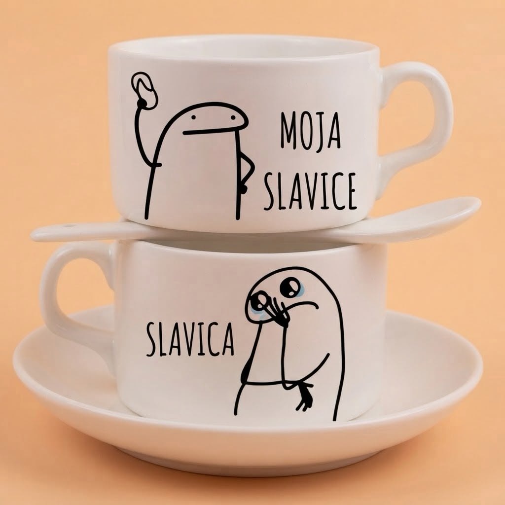 Dve bele šolje sa crtežom lika, natpisi Moja Slavice i Slavica